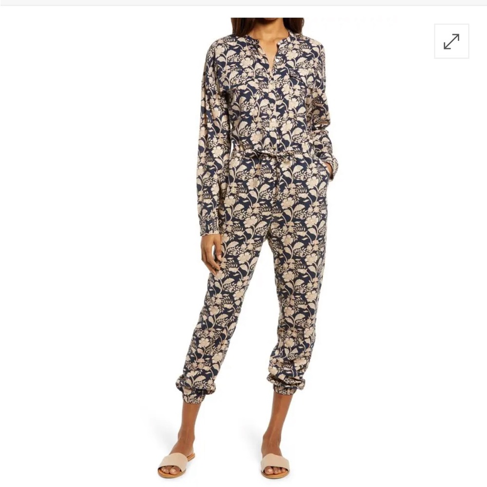 Faherty Savoie Linen Blend Floral Jumpsuit Navy Avignon Meadow size L